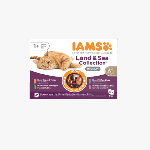 Iams Cat Pouch Adult Land & Sea Multipack in Gravy 85g (Case X12)