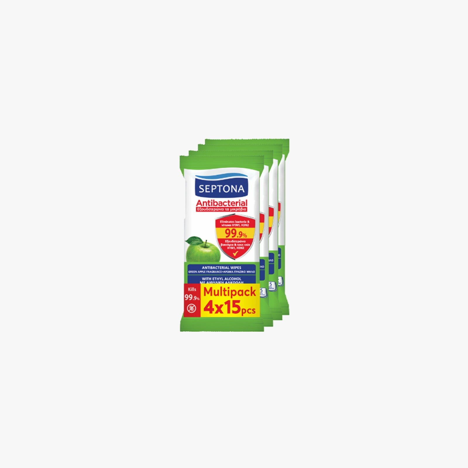 Septona Antibacterial Wipes Green Apple Multipack 4x15pcs